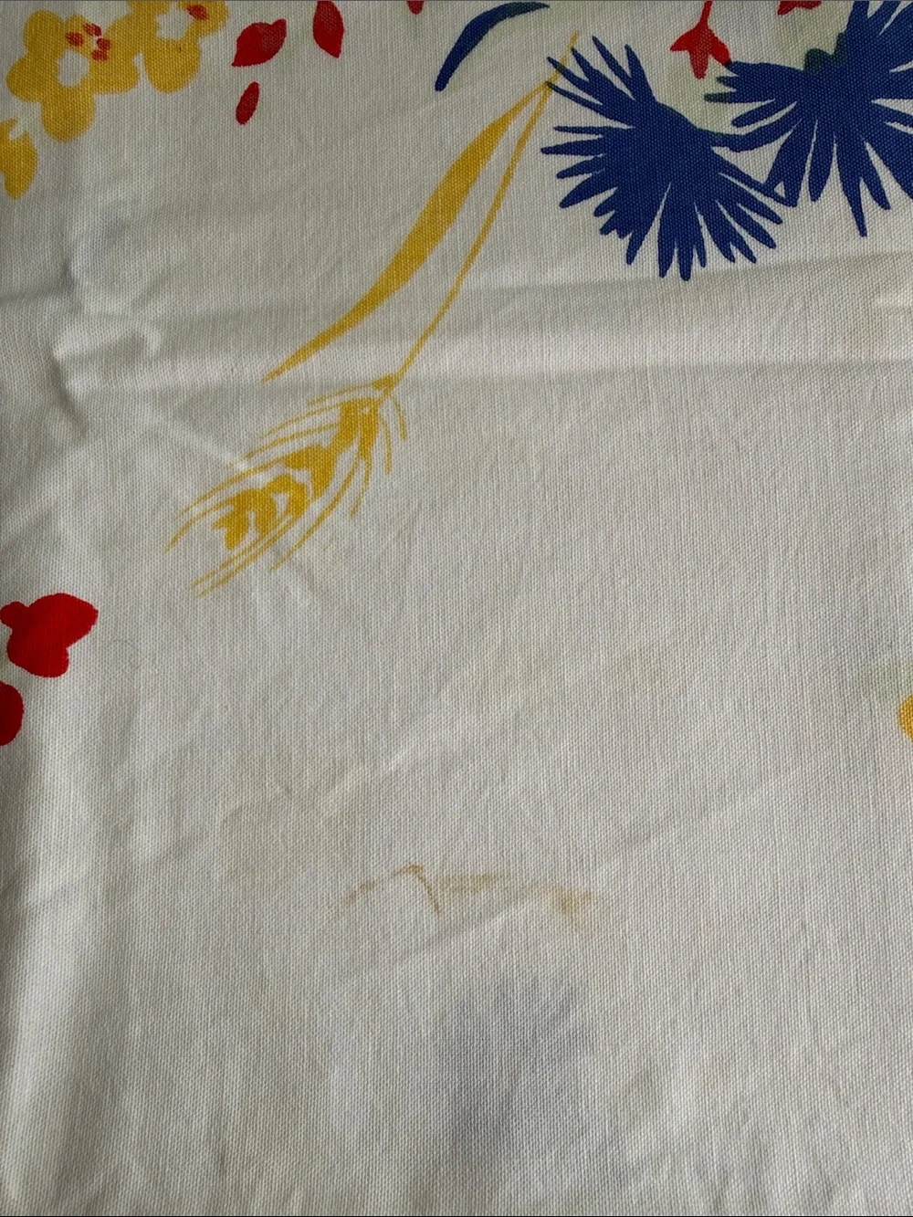 Vintage 50s Floral Tablecloth 64 x 52 Red Yellow Blue Cotton Kitchen Linen